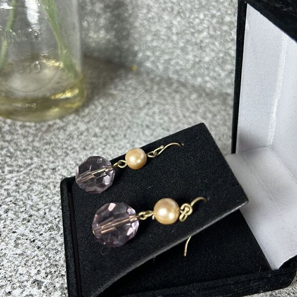 Beaded Earrings Ivory & Purple with Gold Toned Hardware - Picture 3 of 3